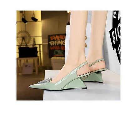 Wedges Women Shoes High Heel Shallow Pointed Toe Hollow Back Straps Patent Leather Triangle Metal Crystal Buckle Pumps Good Vibrations
