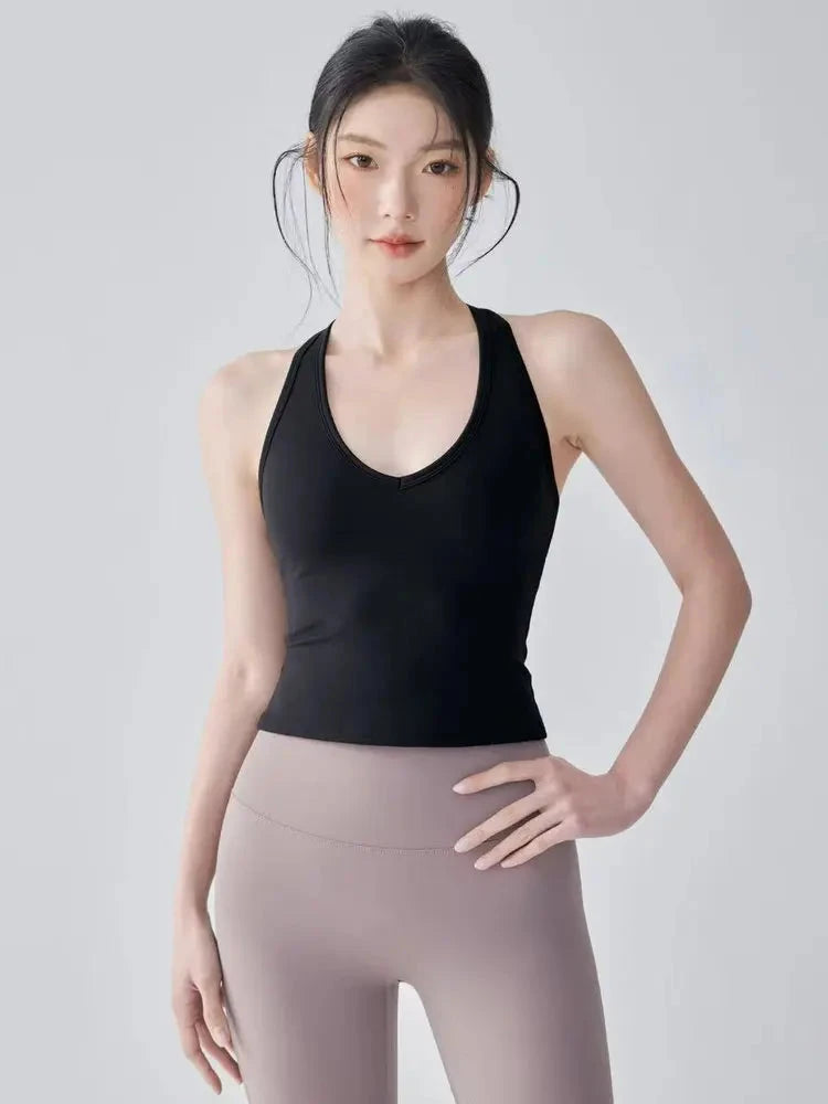 Fitness Vest T-shaped Backless Gathering Fitness Gym Running Shock-proof and Quick-drying Breathable Outside Wear Yoga Clothes Good Vibrations