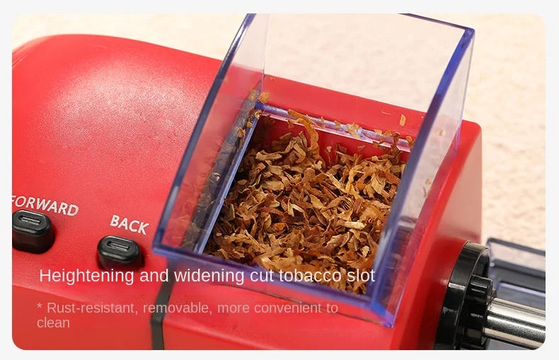 "Red cigarette rolling machine with visible tobacco slot and black buttons"