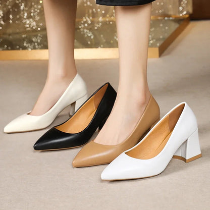 Women High Heel Pumps 2025 Thick Heels Women Shoes Solid Color Pointed Toe High Heel Office Shoes New Woman Shallow Casual Shoes Good Vibrations