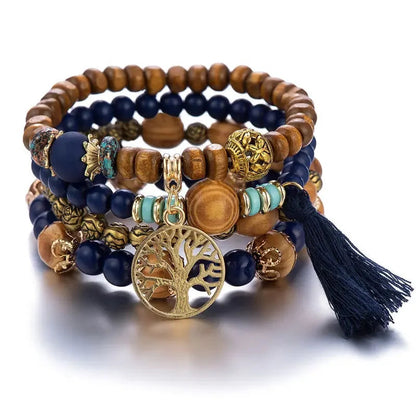 4Pcs/Set Boho Wooden Beaded Bracelet Set For Women Tree Of Life White Tassels Charm Elastic Chain Bangle Lady Bohemia Jewelry Good Vibrations