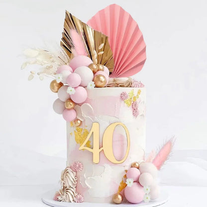 Suit Gold Palm Leaf Paper Fan Happy Birthday Cake Topper Metal Ball Flower Baby Shower Party Cupcake Decor Wedding Cake Toppers Good Vibrations