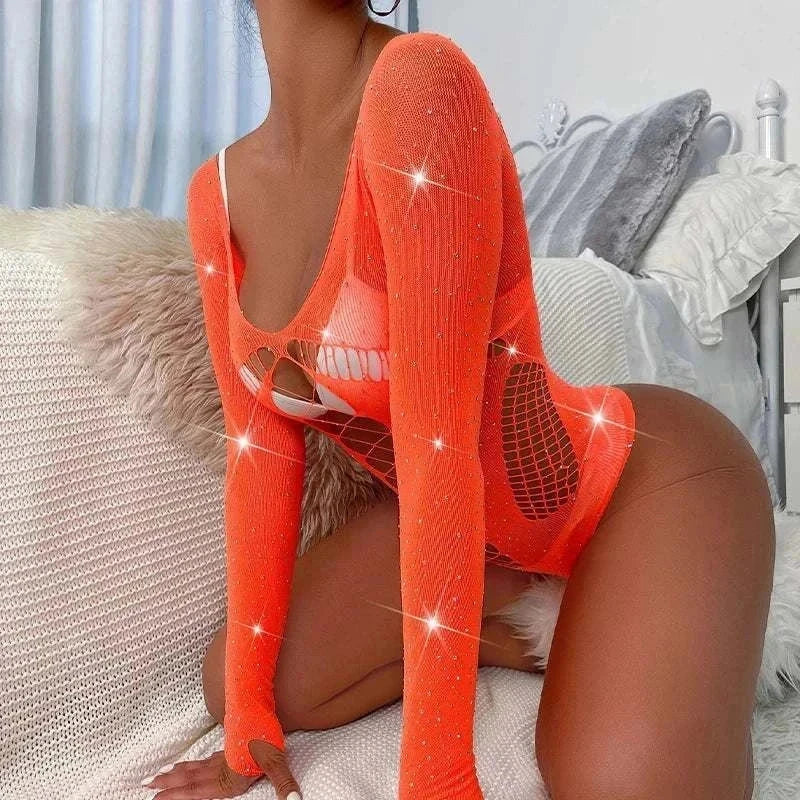 Women’s sexy rhinestone fishnet bodysuit, long sleeve, hollow out design.
