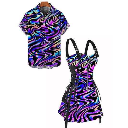 Couple Outfit Colorful Textured Graphic Print Lace Up Half Zipper A Line Dress and Men's Roll Up Sleeve Shirt Two Piece Set Good Vibrations