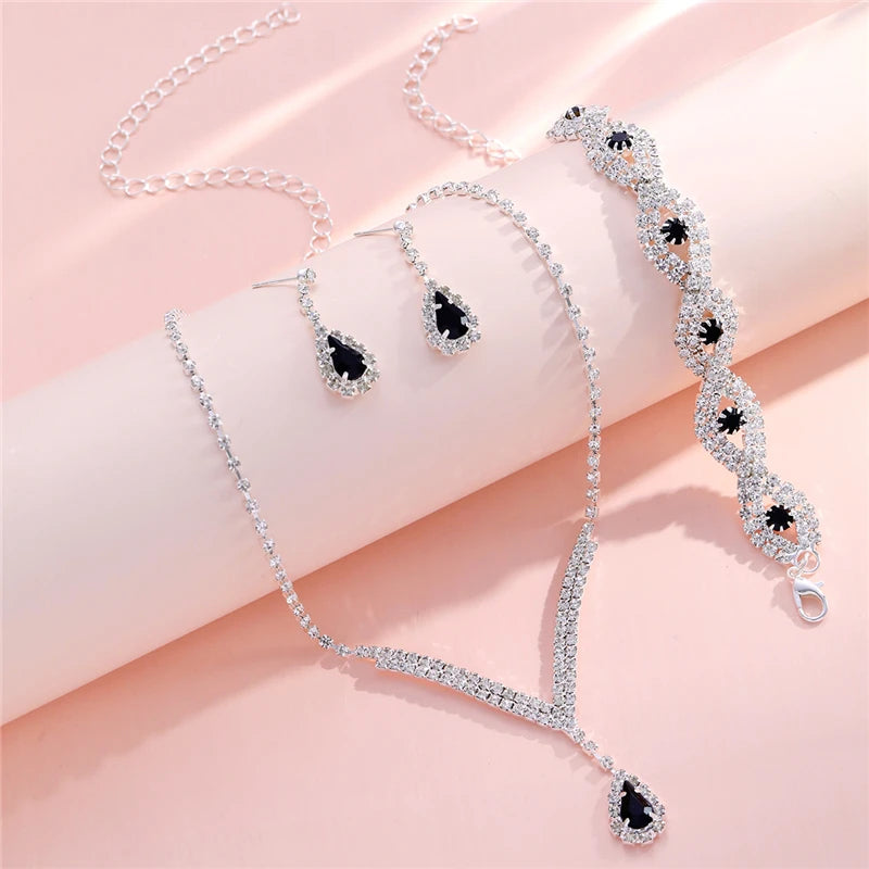 3 Pcs Luxury Rhinestone Bride Jewelry Set for Women Black Water Drop Crystal Earrings Wedding V Necklace Eye Bracelet Fashion Good Vibrations Adult Super Store