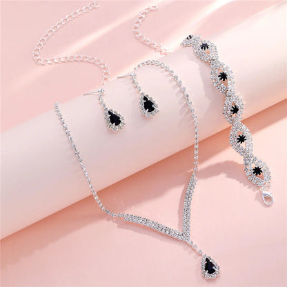 3 Pcs Luxury Rhinestone Bride Jewelry Set for Women Black Water Drop Crystal Earrings Wedding V Necklace Eye Bracelet Fashion Good Vibrations Adult Super Store