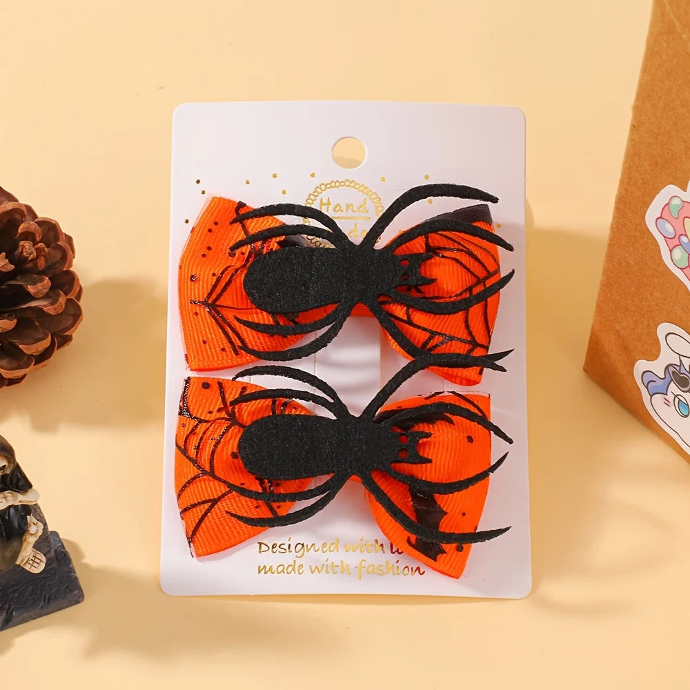 2Pcs Halloween Kids Hairpin Set Handmade Grosgrain Ribbon Bows DIY Pumpkin Spider Decoration Headwear Hair Accessories for Girls Good Vibrations