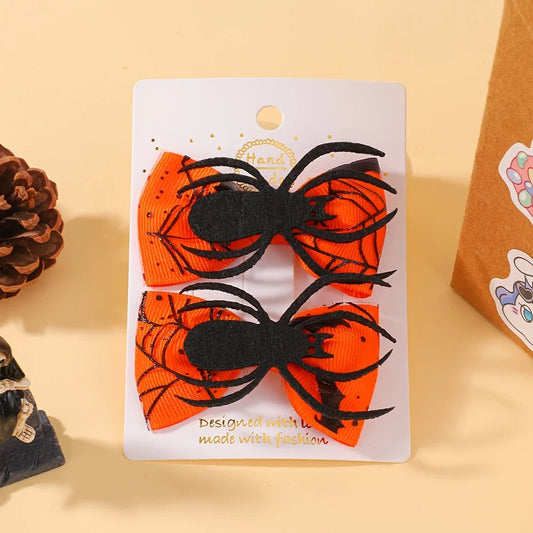 2Pcs Halloween Kids Hairpin Set Handmade Grosgrain Ribbon Bows DIY Pumpkin Spider Decoration Headwear Hair Accessories for Girls Good Vibrations