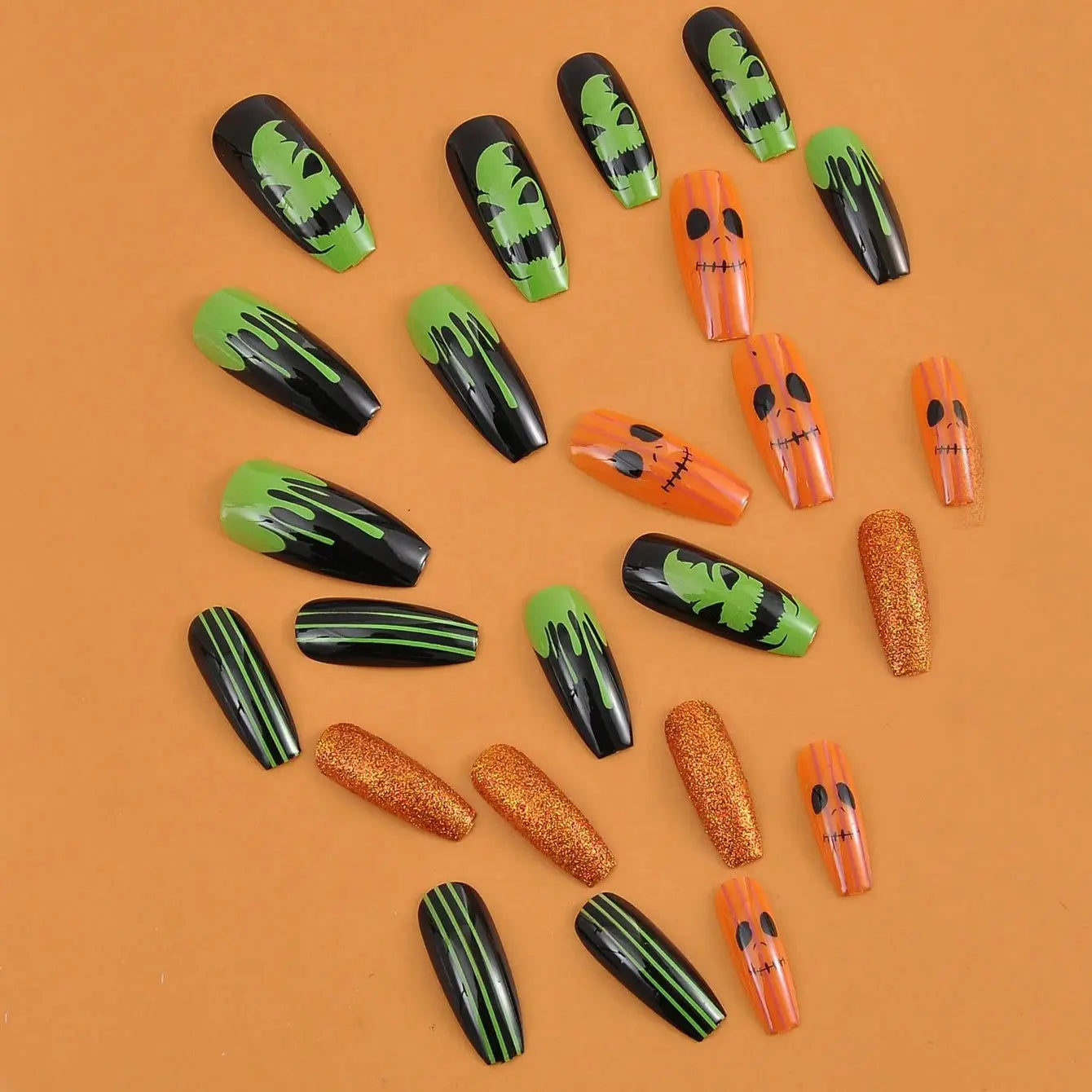 24PCS Of Halloween Nails Art Featuring Long French Square Ballet Fake Nails Funny Scarecrow Designs Gifts for women and girls Good Vibrations