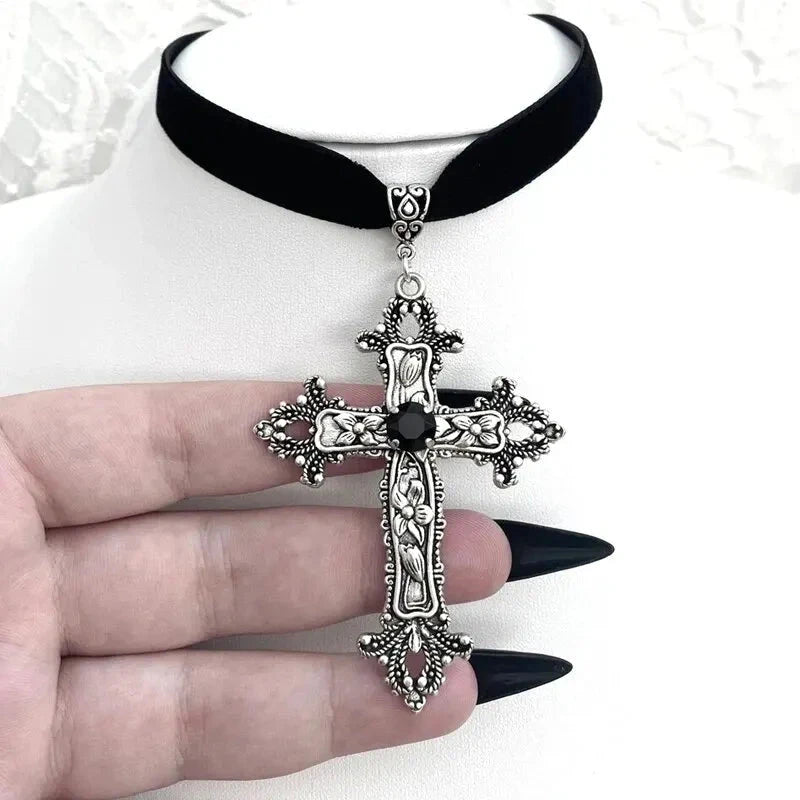 A Classic Gothic Large Cross Shaped Black Velvet Necklace Prepared for Her, Gorgeous Cross Shaped Black Velvet Necklace Good Vibrations