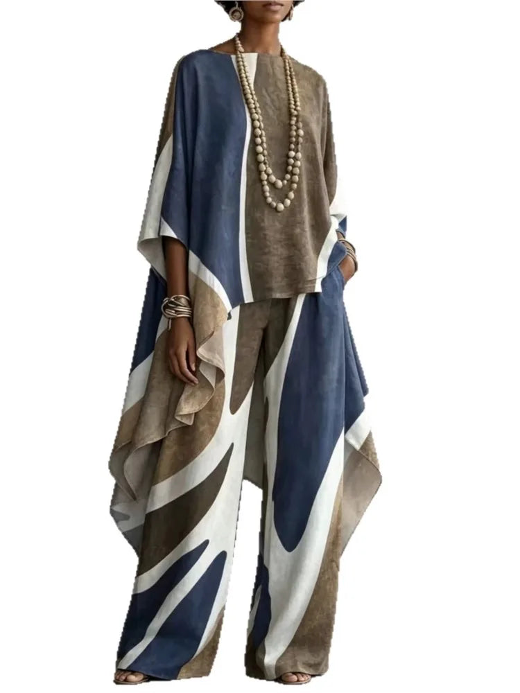 Women 2 Piece Outfit Set Print Top & Wide Leg Pants Loose Casual Ladies Boho Matching Suit Autumn Fashion Elegant Sets New Good Vibrations