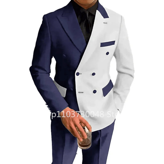 Slim fit men's double breasted wedding suit with navy and white blazer and matching pants