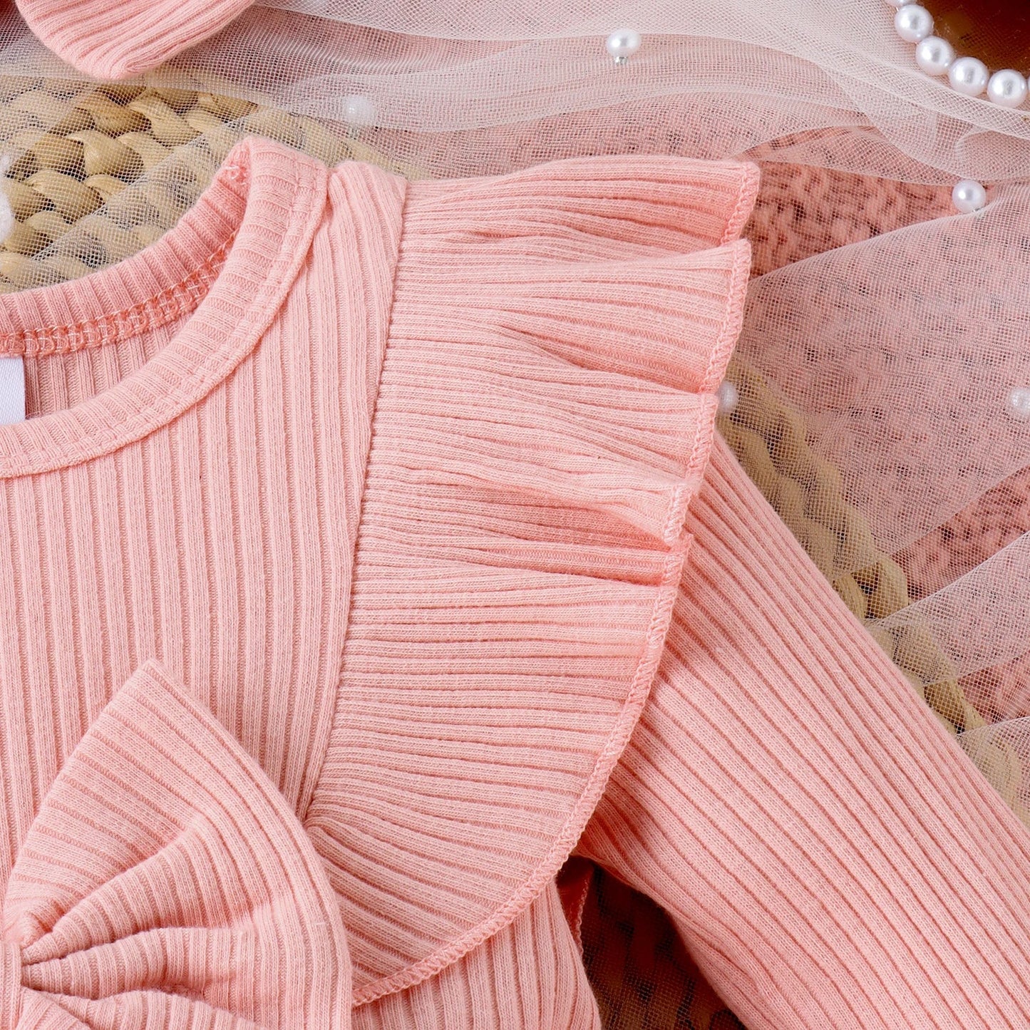 2PCS Autumn 0-1 Year Old Girl Baby Sweet And Cute Round Collar, Pit Strip, Flower Skirt, Long-Sleeved Suit + Bow Hair Band Good Vibrations