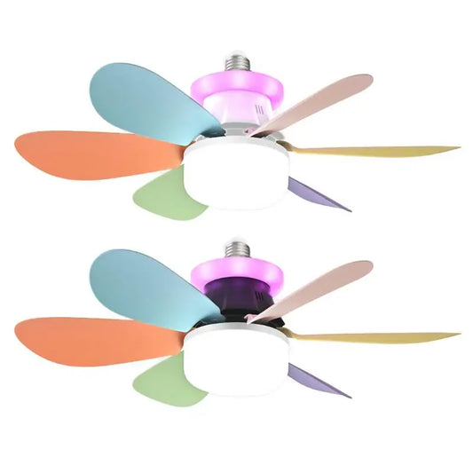 Colorful ceiling fan with multicolored blades on a white background