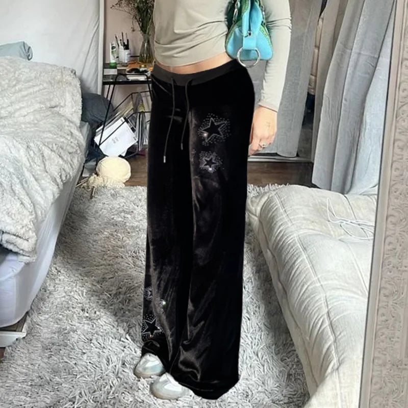 Goth Dark Techwear Fashion Stars Rhinestone Drawstring Pants Mall Goth Streetwear 90s Grunge Soft Velvet Trousers Women Y2K Pant Good Vibrations