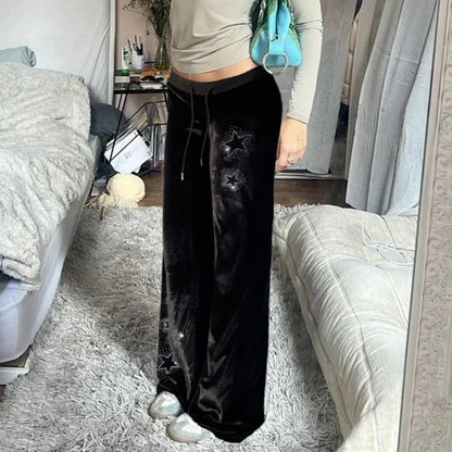 Goth Dark Techwear Fashion Stars Rhinestone Drawstring Pants Mall Goth Streetwear 90s Grunge Soft Velvet Trousers Women Y2K Pant Good Vibrations