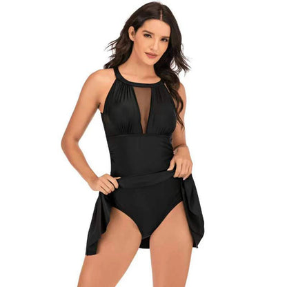 Women Swimdress With Shorts Sexy Hollow Out Mesh Swimwear 1 Piece Slim Black/Red/Dark Blue Solid Swimsuit Light luxury Beachwear Good Vibrations