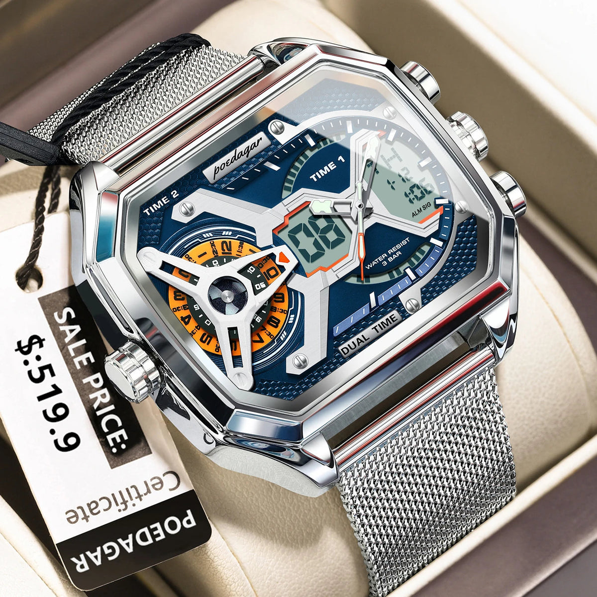 POEDAGAR Top Fashion Men Clock Rectangle Waterproof Date Week LED Man Watch Electronic Mesh Stainless Steel Quartz Men's Watches Good Vibrations