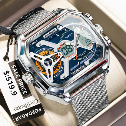POEDAGAR Top Fashion Men Clock Rectangle Waterproof Date Week LED Man Watch Electronic Mesh Stainless Steel Quartz Men's Watches Good Vibrations