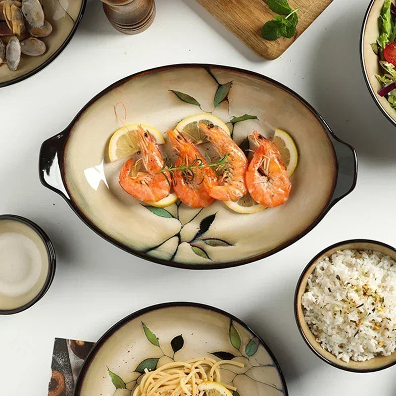 Creative Leaf Round Dinner Plate Retro Home Ramen Bowl Luxury Restaurant Delicious Dishes Ceramic Plates Exquisite Tableware Good Vibrations