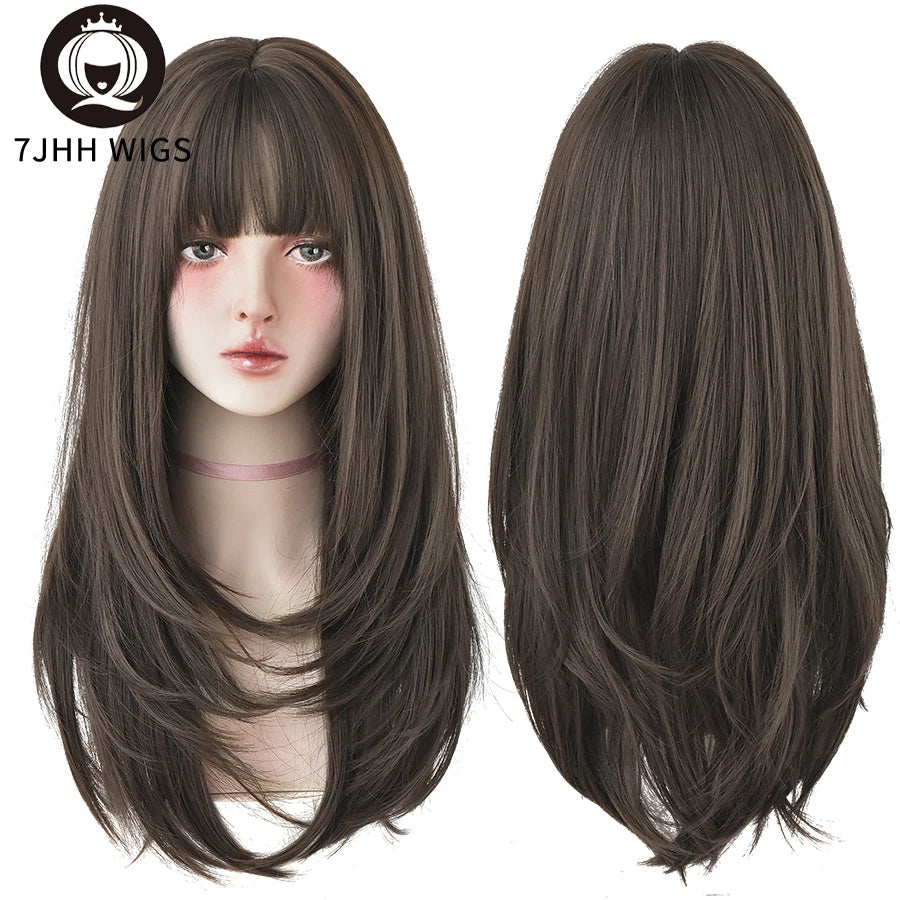 7JHHWIGS Long Wavy Synthetic Black Wigs For Women With Fringe Fashion Heat Resistant Mid-Length Daily Straight Light Brown Hair Good Vibrations