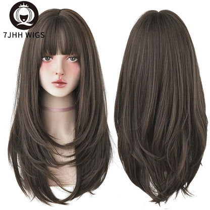 7JHHWIGS Long Wavy Synthetic Black Wigs For Women With Fringe Fashion Heat Resistant Mid-Length Daily Straight Light Brown Hair Good Vibrations