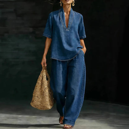 Women Denim Two Piece Set V Neck Half Sleeve Top T-Shirt Loose Wide Leg Pants Casual Outfit Streetwear Fashion Summer Suit Sets Good Vibrations