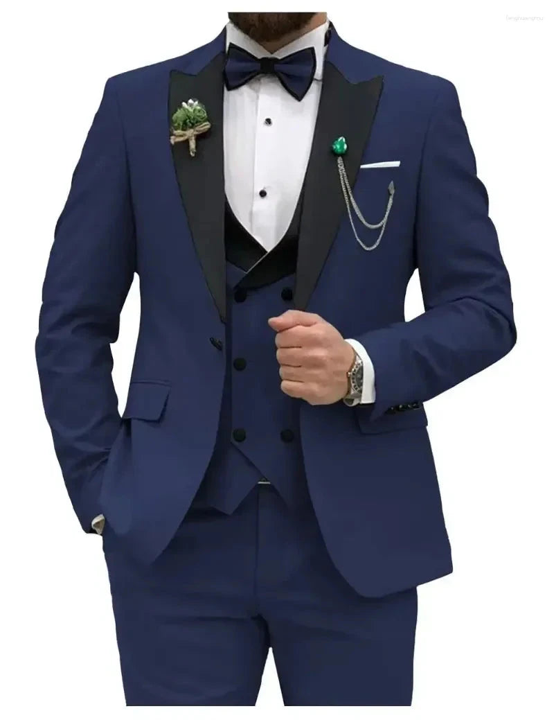 3 Pieces Men's Suits Royal Blue Men Slim Fit Double Breasted Suit Wedding Prom Party Business(Blazer Vest Pants) Good Vibrations
