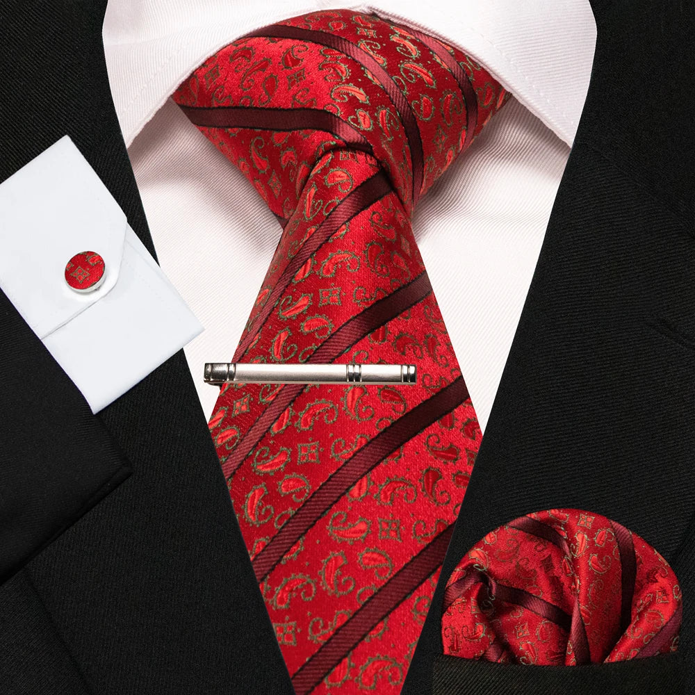 8cm Silk Mens Ties Green Black Ties plaid stripe NeckTie Pocket Square Cufflinks Tie clips Set Men's Wedding business Party Tie Good Vibrations