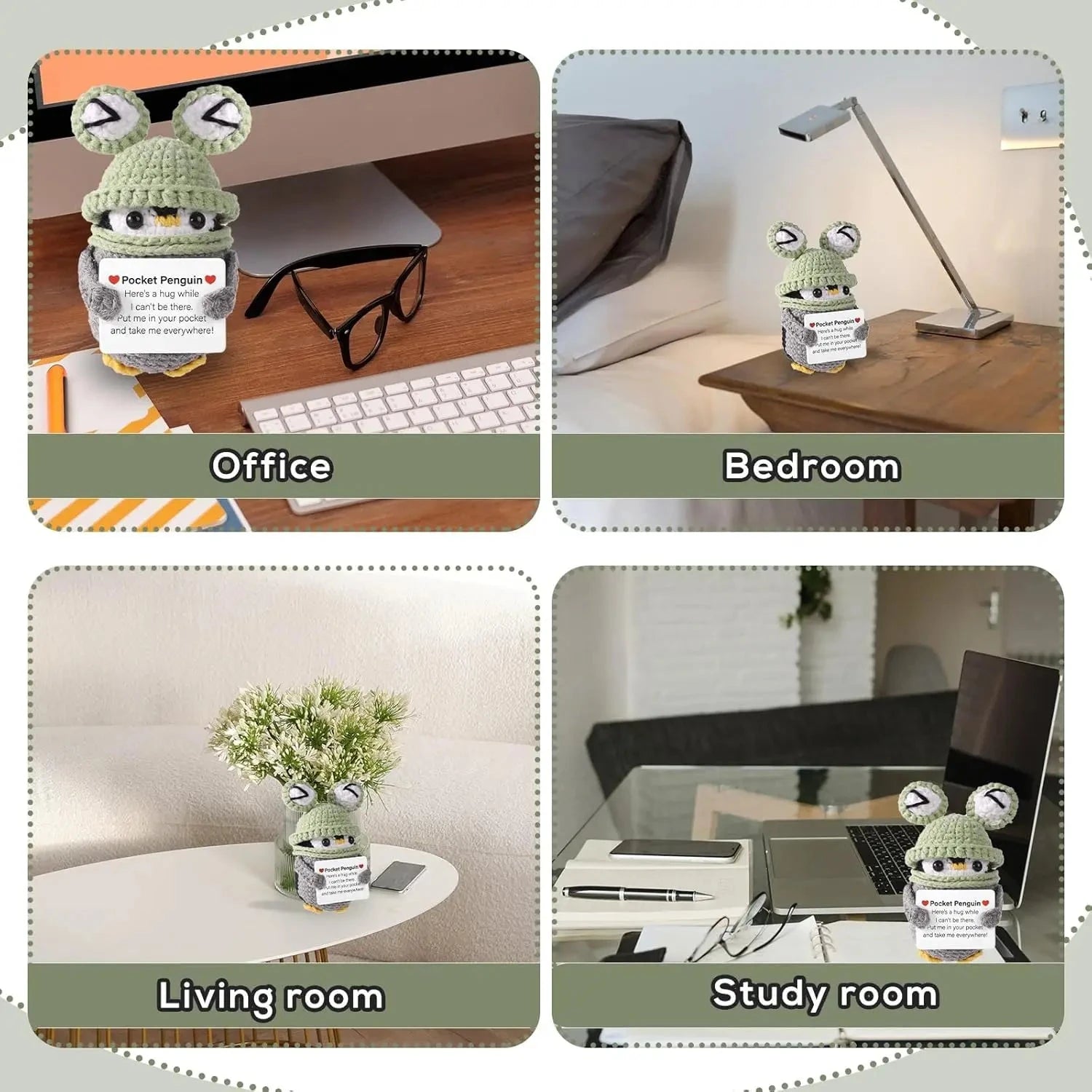 Funny Positive Energy Penguin Hug Pocket Doll Mini Handmade Plush Knitted Penguin Ornament Home Room Decoration Christams Gift Good Vibrations