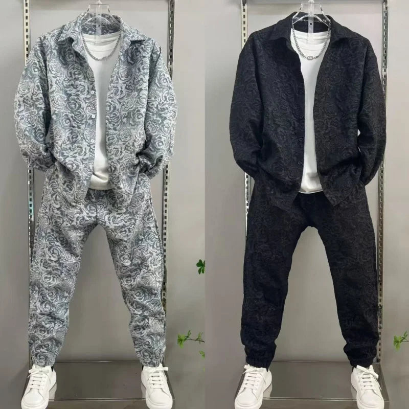 2025 New Men's casual fashion two-piece pants set, sporty lapel jacquard shirt, long-sleeved spring and autumn set Good Vibrations