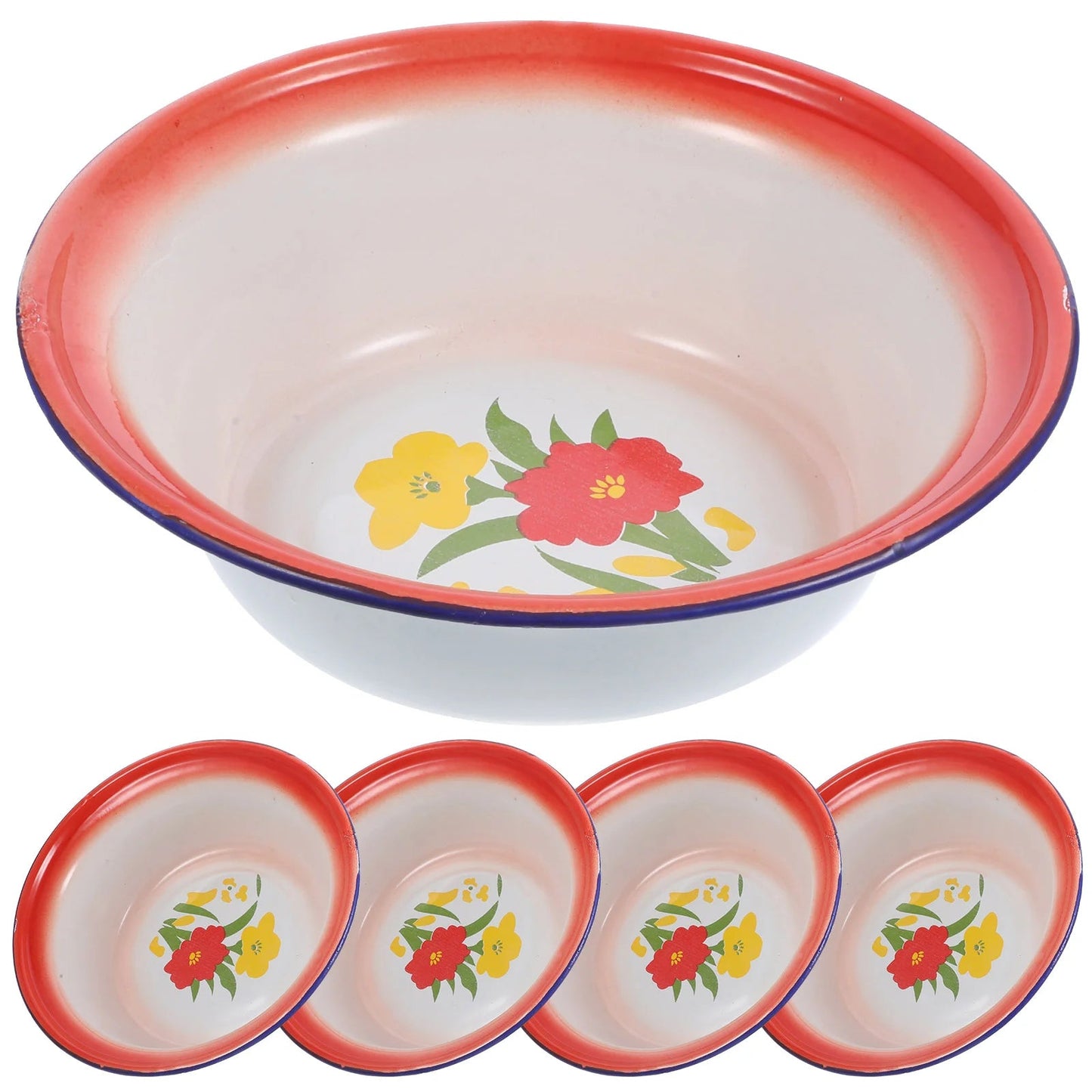 5 Pcs Red Floral Retro Enamel Disc Vintage Dinnerware Sets Enamelware Bowls Metal Plates Kitchen Storage Serving Tableware Good Vibrations