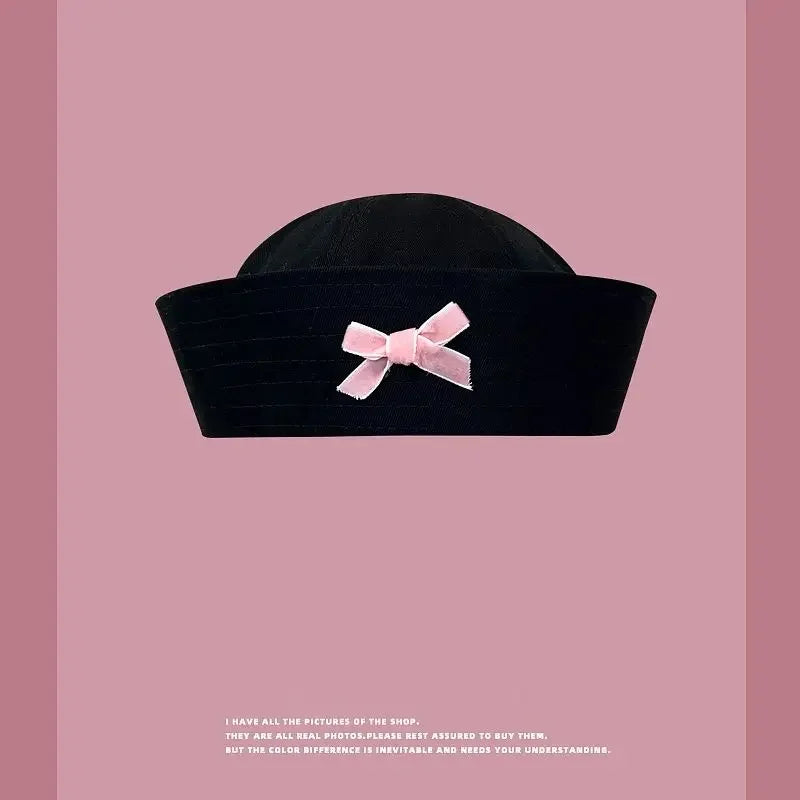 Y2K Striped Bow Flower Rhinestone Sailor JK Beret Navy Hats for Women Summer Niche Flipped Nurse Cosplay Beret Cap Sombreros Good Vibrations