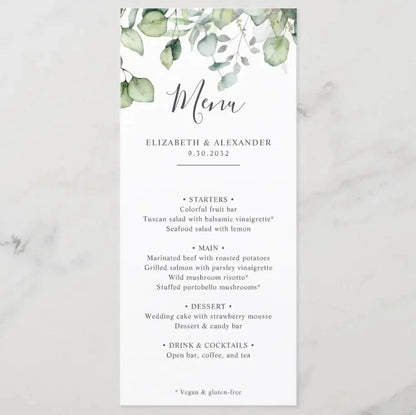 Customizable Wedding Menu, Personalized Wedding Menu, Green leaves and Flowers Menu Cards for Wedding, Custom Wedding Table Menu Good Vibrations