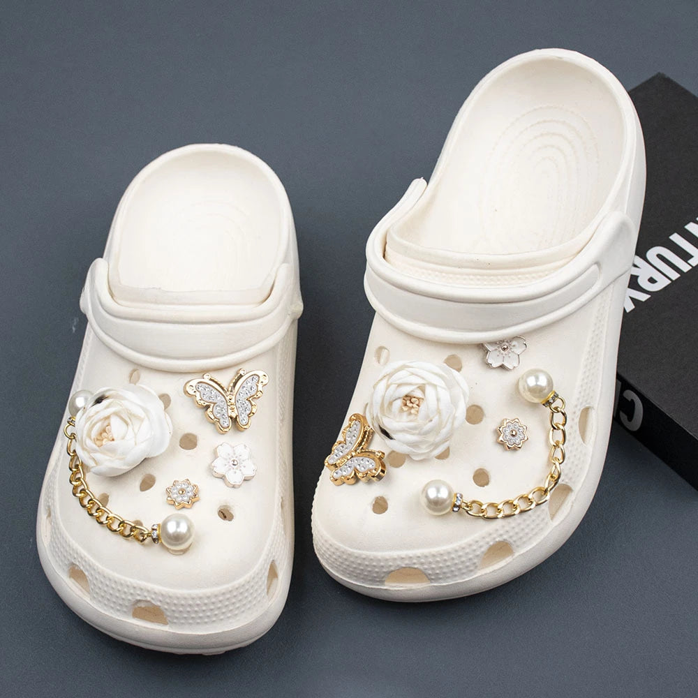 Shoe Charms DIY Fabric Rose Camellia Pearl Chain Decoration Buckle for Hole Shoe Charm Set Accessories Kids Party Girls Gift Good Vibrations