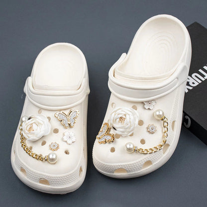 Shoe Charms DIY Fabric Rose Camellia Pearl Chain Decoration Buckle for Hole Shoe Charm Set Accessories Kids Party Girls Gift Good Vibrations