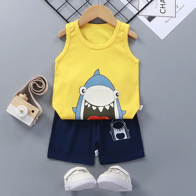 Children Sets Kids Clothes Boys Girls Vest Suit  Summer Children's Clothing baby Cotton T-Shirts Shorts Tank Top Sleeveless Good Vibrations