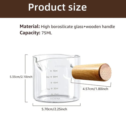 1pc Glass Measuring Cup Wood Handle Glass Espresso Measuring Cup Double Single Mouth Milk Coffee Clear Mug Coffee Supplies Good Vibrations