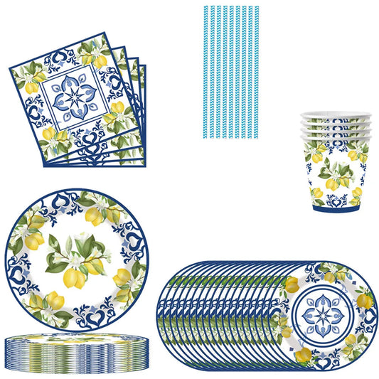 New Blue And White Porcelain Lemon Birthday party Elegant Disposable Tableware Disposable Plates Cups Wedding Adult evjf Party Good Vibrations