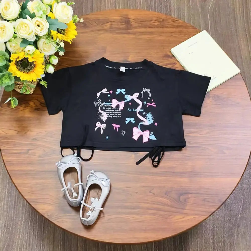 Outfits Y2K Bow Children Cake Skirt Set Pleated Teenagers T-shirt Skirt Suit Sweet Slim Fit Girls Clothes Set Summer Good Vibrations