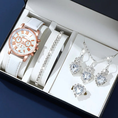 Fashion quartz watch and jewelry set, shock resistant circular analog digital display, PU leather strap, zinc alloy case Good Vibrations