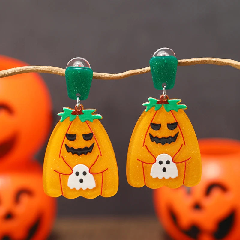 8 pairs of Halloween flame demons, cute little ghosts, acrylic earrings, skull heads, alien spaceships, pumpkin ghosts Good Vibrations
