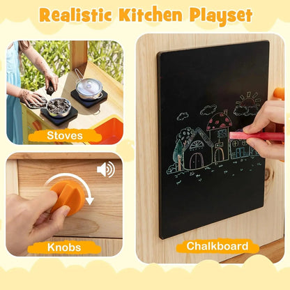 Mud Kitchen, Fir Wood Outdoor Play Kitchen for Toddlers, 4 Planting Cups, Cookware, Faucet & Sink, DIY Acrylic Board & Blackboar Good Vibrations