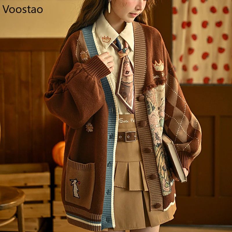 Kawaii Cartoon Embroidery Cardigan Women Vintage Jk Uniform Sweater Coat Autumn Girls Loose Y2k Knitted Tops Sueters De Mujer Good Vibrations