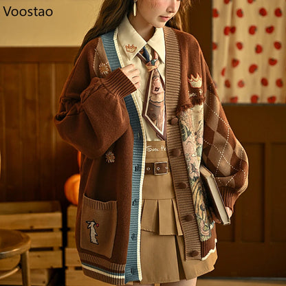 Kawaii Cartoon Embroidery Cardigan Women Vintage Jk Uniform Sweater Coat Autumn Girls Loose Y2k Knitted Tops Sueters De Mujer Good Vibrations