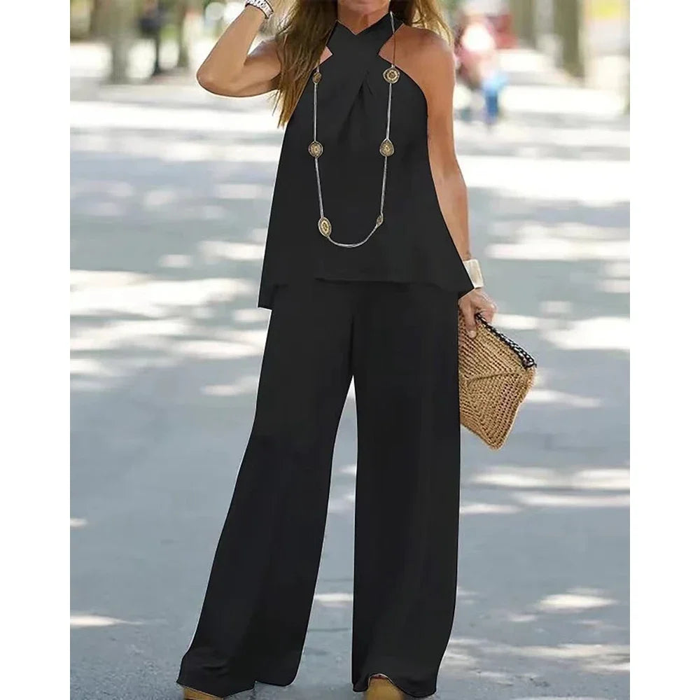 Women Two-Piece Set Halter Sleeveless V-Neck Top & High Waist Pants Set Casual Femme Fashion Loose Outfits for Woman Tracksuit Good Vibrations