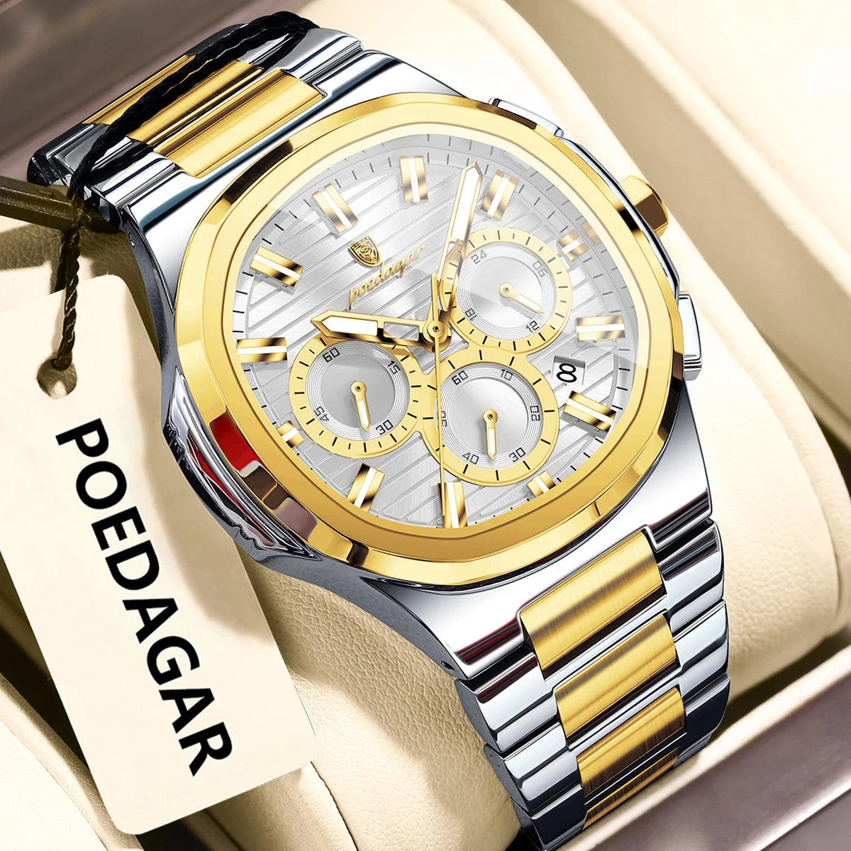 POEDAGAR Business Man Wristwatch Date Chronograph Waterproof Luminous Luxury Men Watch Stainless Steel Quartz Men's Watches Male Good Vibrations