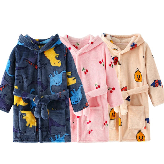 Boy and Girls Flannel Pajamas Robe Autumn and Winter Children Sleepwear Soft Hooded Kids Homewear 2-8 Years Good Vibrations