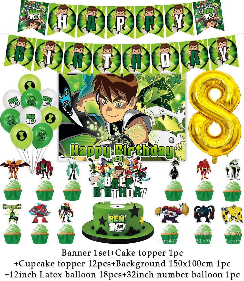 Cartoon Ben-10 Birthday Party Decoration Balloons Favor Set Banner Cake Toppers Baby Shower Boys Gift Party Supplies Photo Prop Good Vibrations