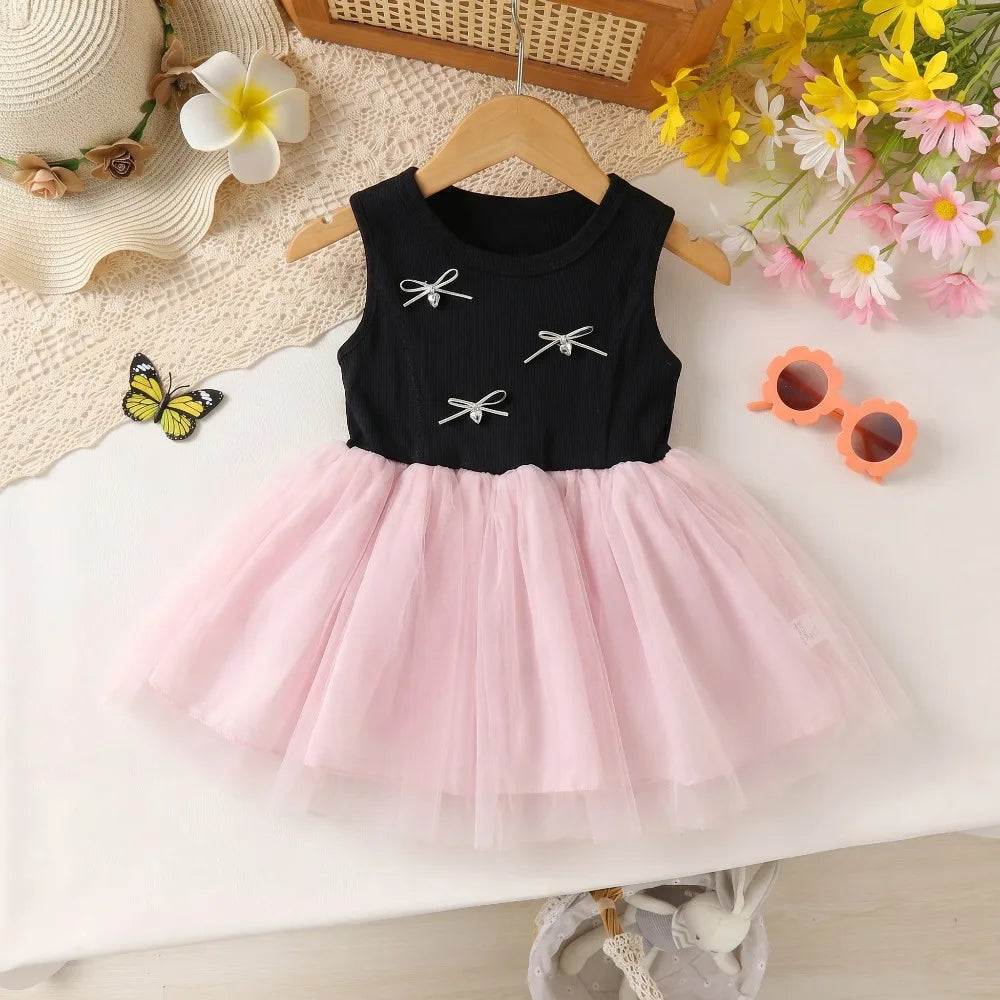 Children's Clothing, Girls' Dress, Summer New Style, Children's Evening Cloud Yarn, Flying Sleeve Princess Dress, Baby Bow Dress Good Vibrations